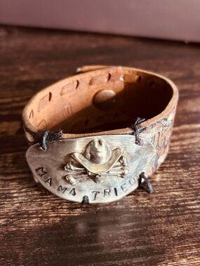 Fossil Brown Leather Cuff Bracelet with Silver-Tone Western Plate